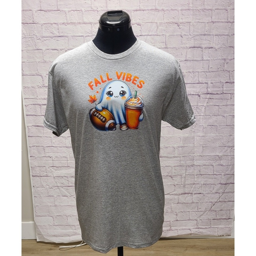 Gildan Fall Vibes Kawaii Ghost Football Pumpkin Spice Latte Gray T-Shirt Small